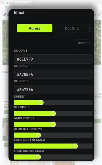 Glopzi WebGL background effects panel